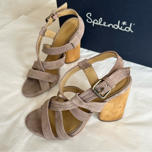 SPLENDID “Flash” Taupe Suede Strappy Wood Heel - Picture 5 of 15